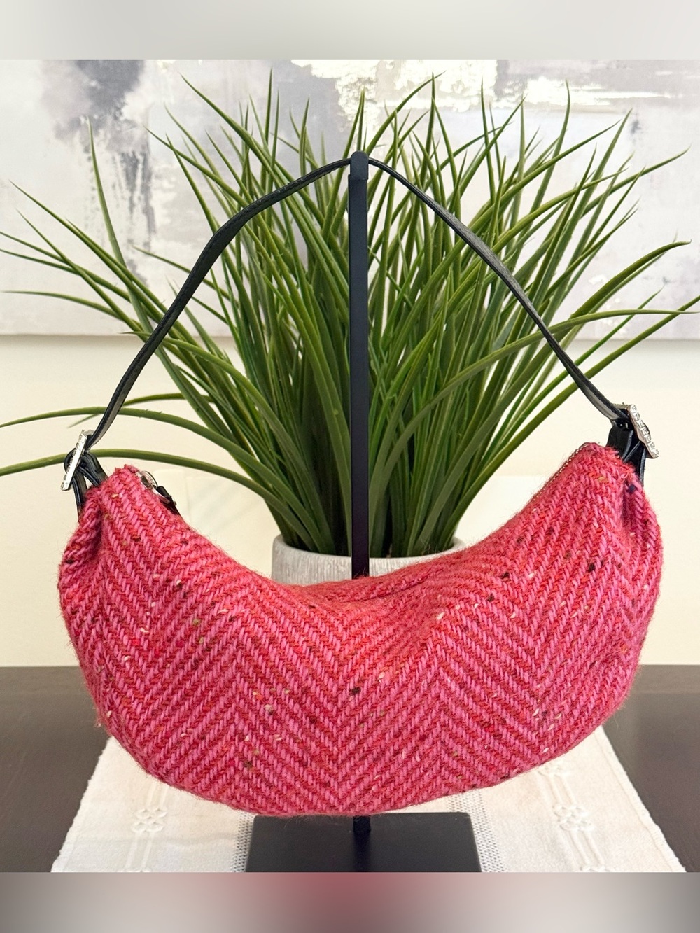 Vintage Kate Spade pink herringbone tweed Nottingham crescent shoulder bag